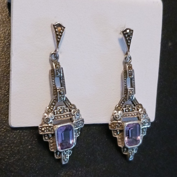 925 Sterling Silver Amethyst Marcasite Earrings Vintage AMAZING - Picture 4 of 5